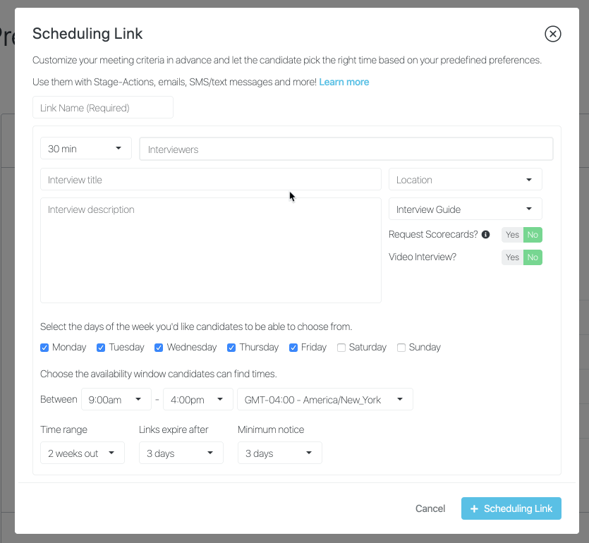 A Breezy User setting up a scheduling link for a candidate