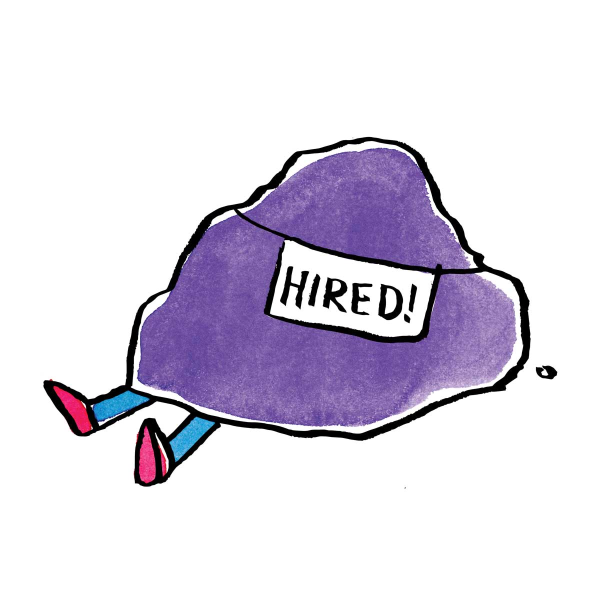 A persons legs sticking out from under a purple rock with a flag that says hiring on it 