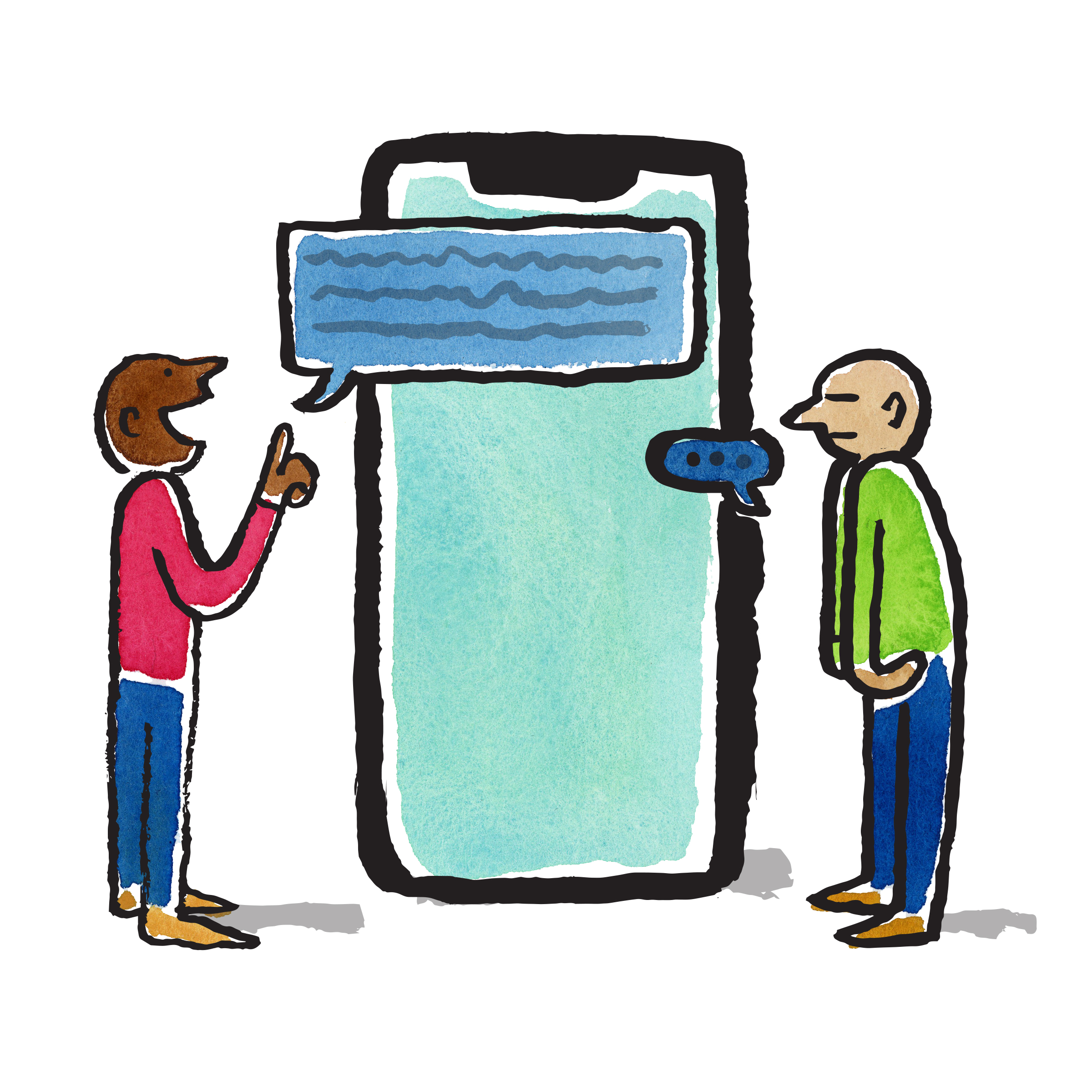 Two people standing next to a large phone with text message bubbles