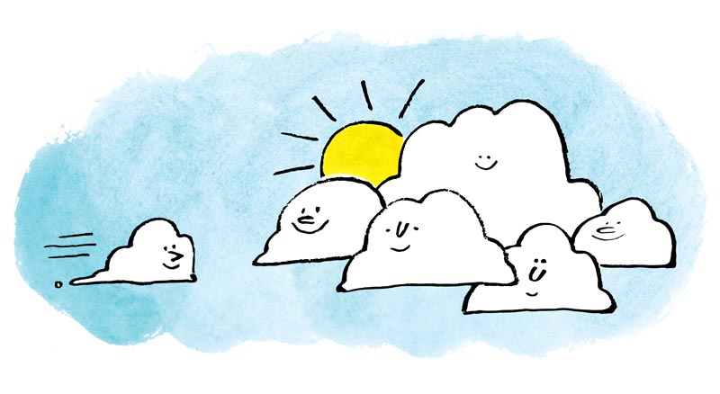 A single cloud character floating towards a cloud family