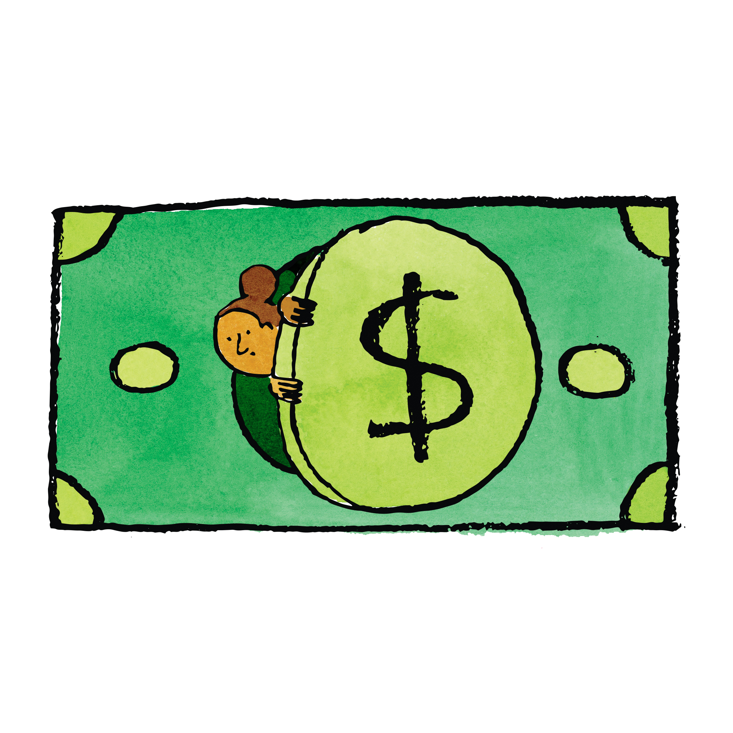 an illustration of a dollar with a person poking out of the center