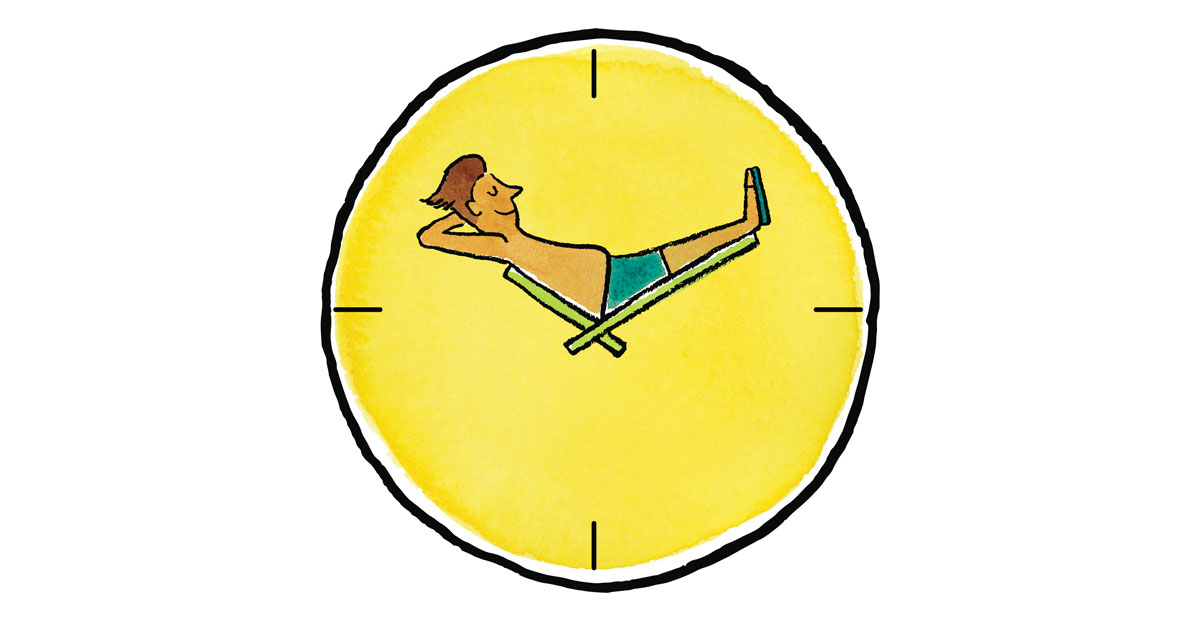 A person in a bathing suit sitting on the hands of a clock