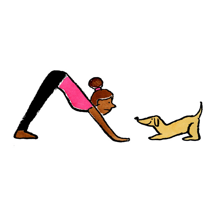 a person doing the yoga pose downward facing dog next to a dog doing the same