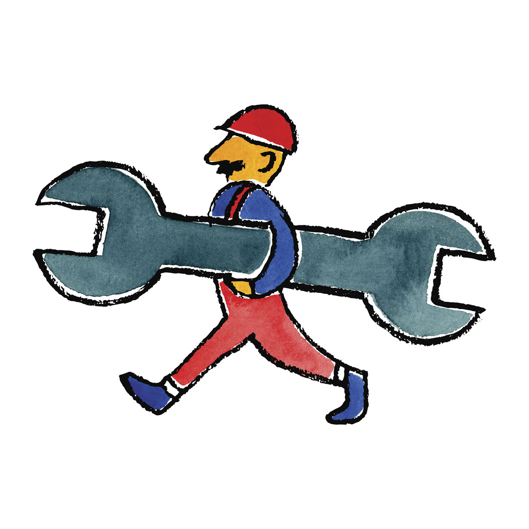a worker carrying a large wrench