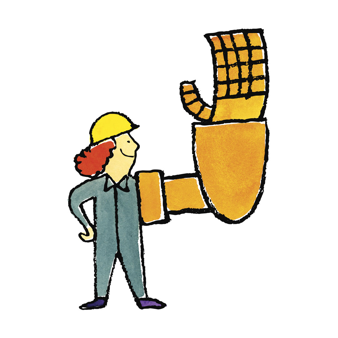 a construction worker with a robot hand