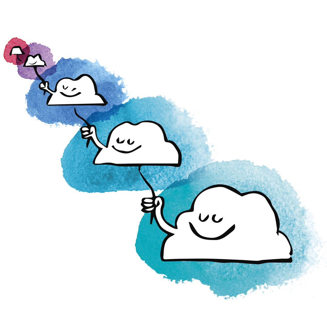 cloud characters in a row holding on to a string