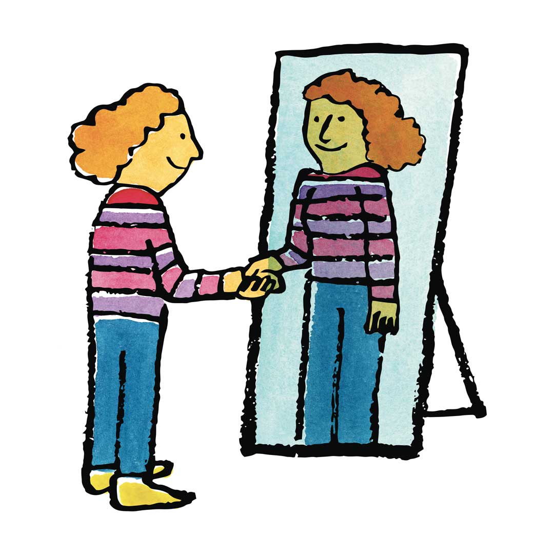 a person standing in front of a mirror shaking hands with their reflection
