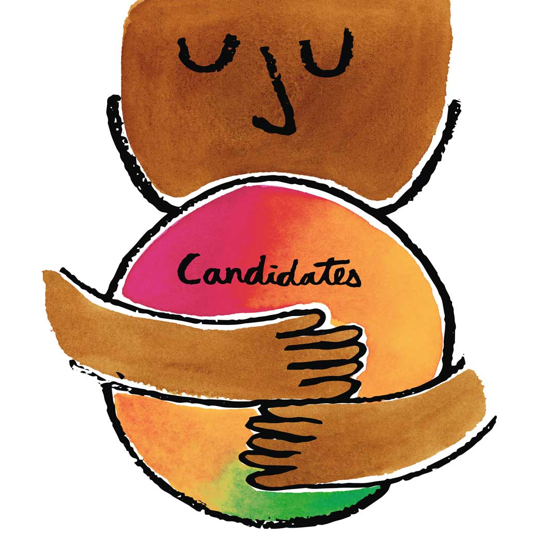 person hugging a rainbow disk with the word candidate on it
