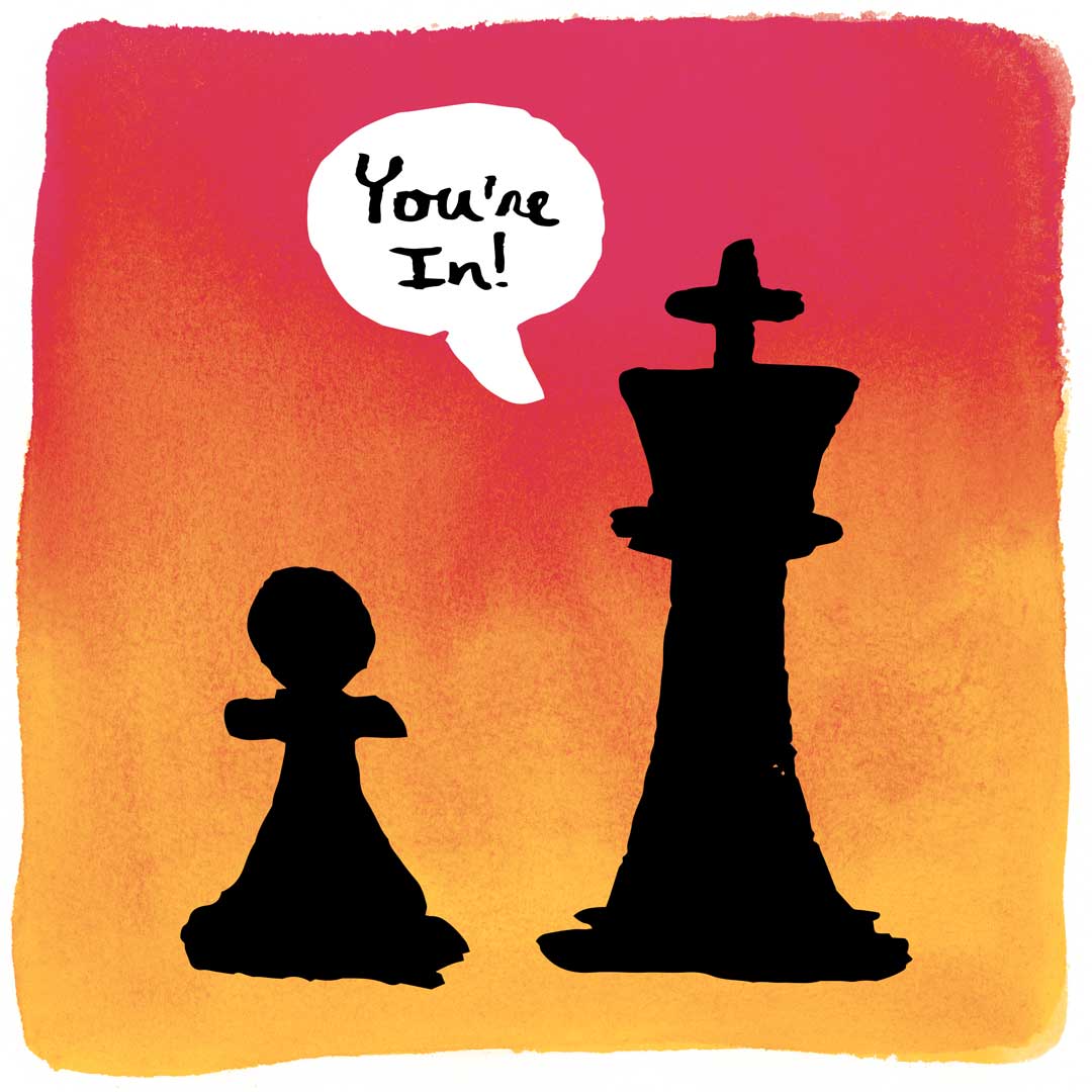 chess piece telling another chess piece "your in"