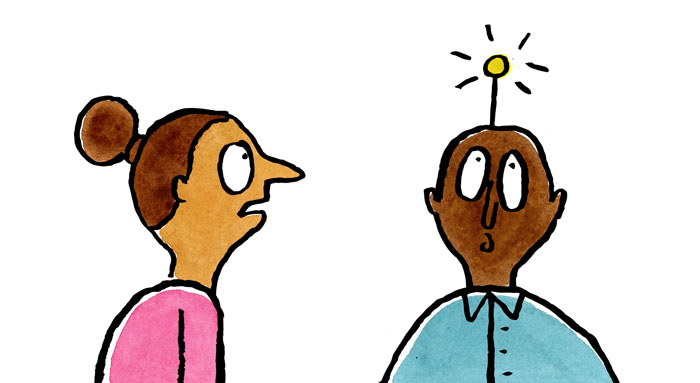 Illustration of a Woman looking at a man who has a robot style antenna on the top of his head.