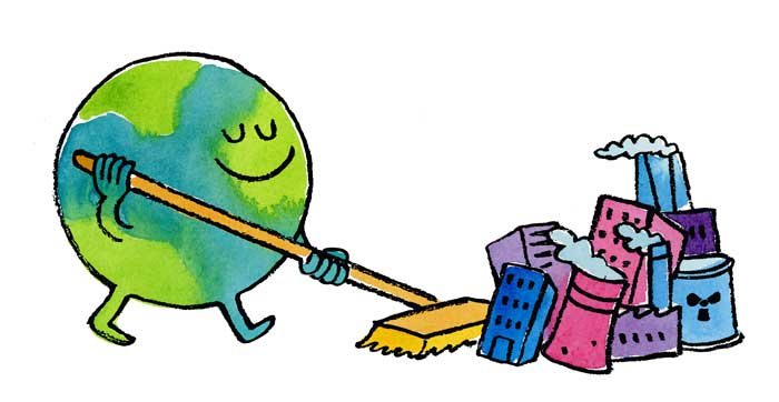 Illustration of earth sweeping up trash