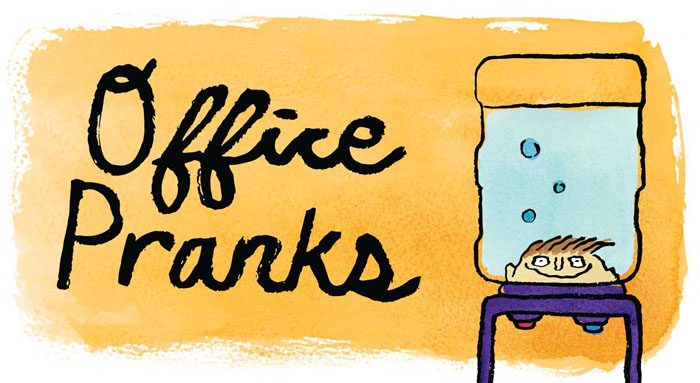 Illustration of a head in a water cooler with the text "Office Pranks" next to it.