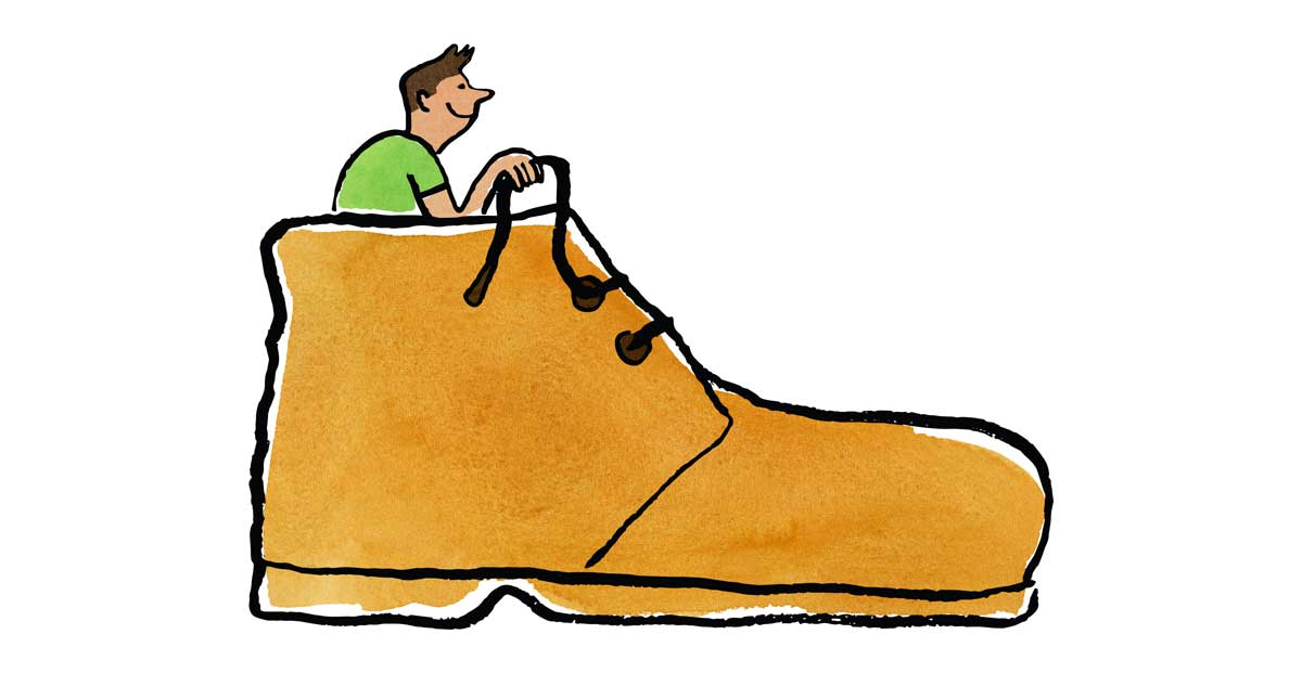 Illustration of a man sitting in a giant shoe