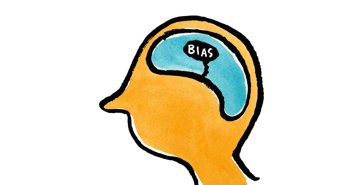 Illustration of a head with the the brain showing and the word Bias in the middle