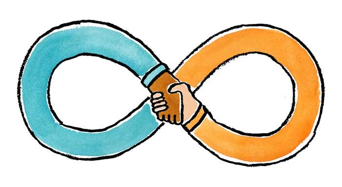 shaking hands that create an infinity symbol