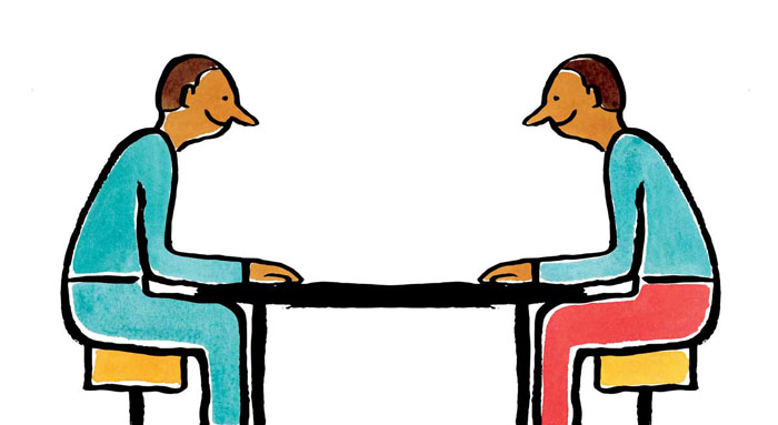 Illustration of two people sitting around a table during an interview