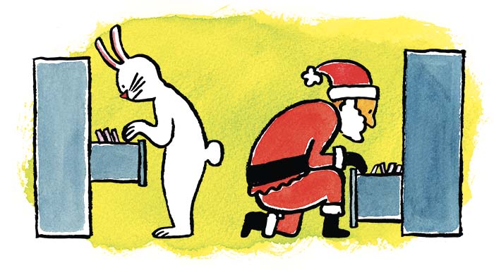 Bunny and Santa going through a file cabinet