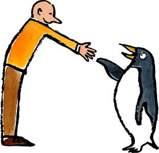 a man shaking a penguins flipper