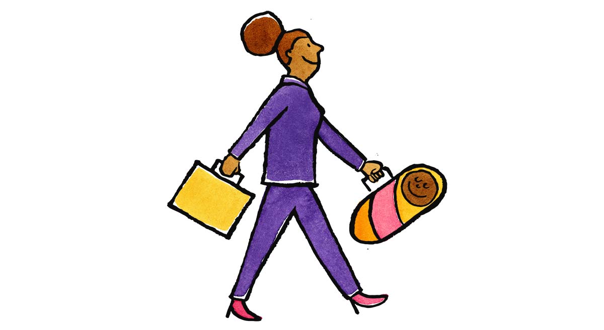 A woman carrying a briefcase and a baby