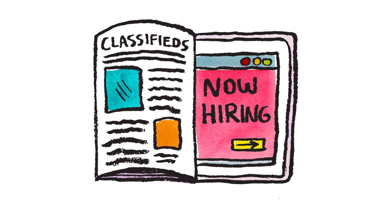 illustration of a newspaper open to the classifieds with an ad sayin "Now Hiring"
