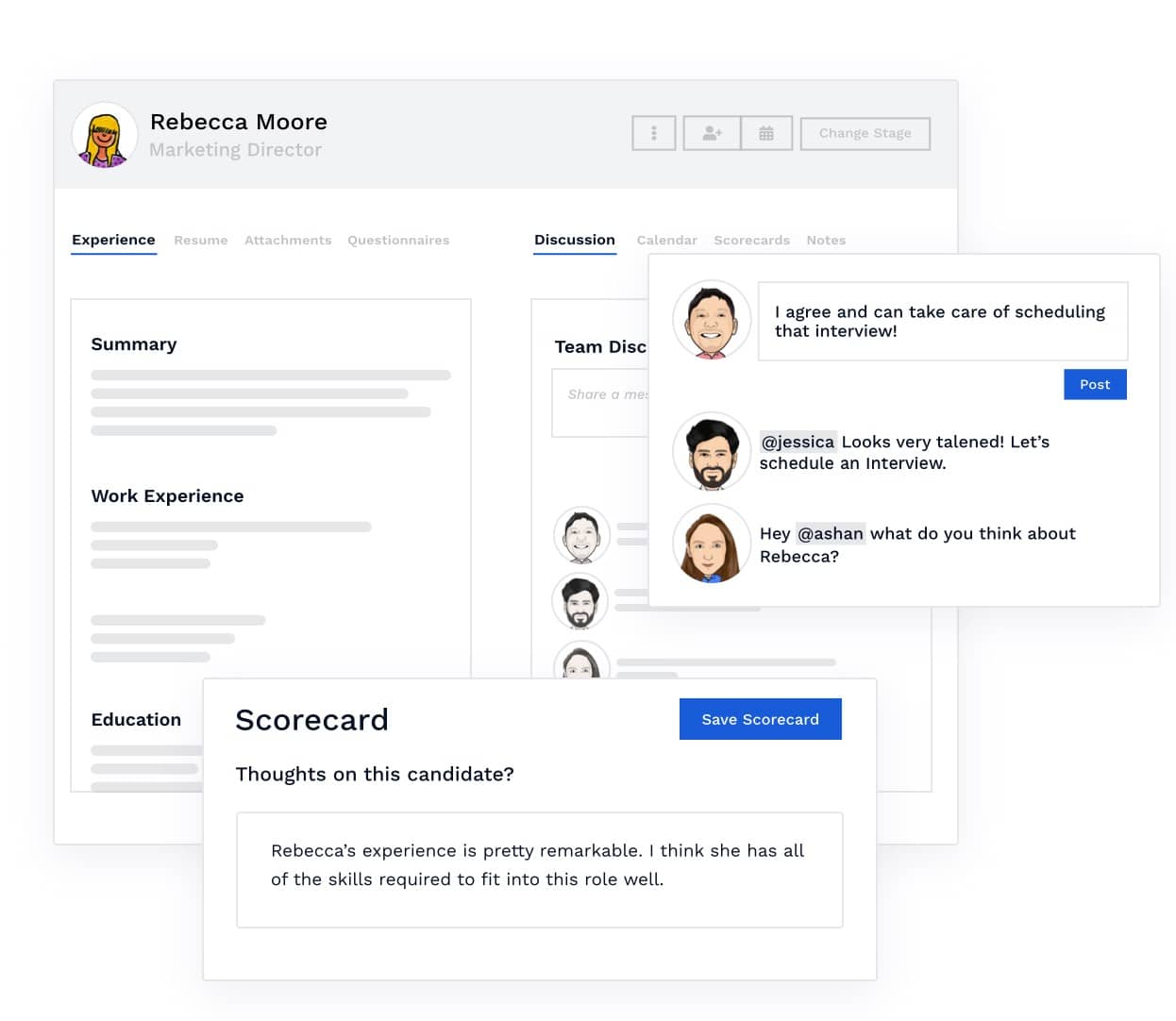 Visual of Breezy HR Candidate Profile show a resume and team conversations