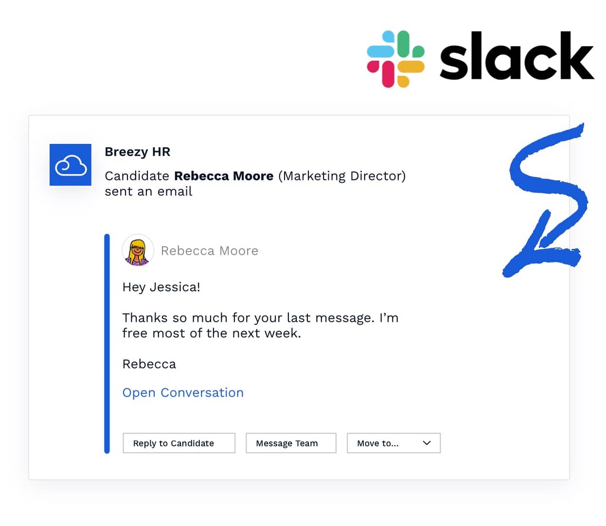 A visual of a Breezy conversation and notification within slack