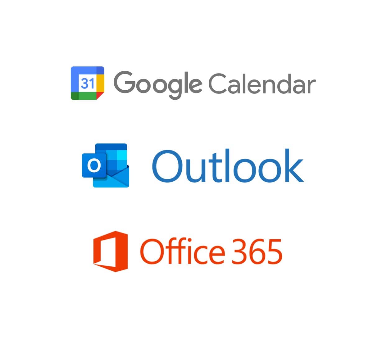 Company logos for Google Calendar, Outlook, Office 365