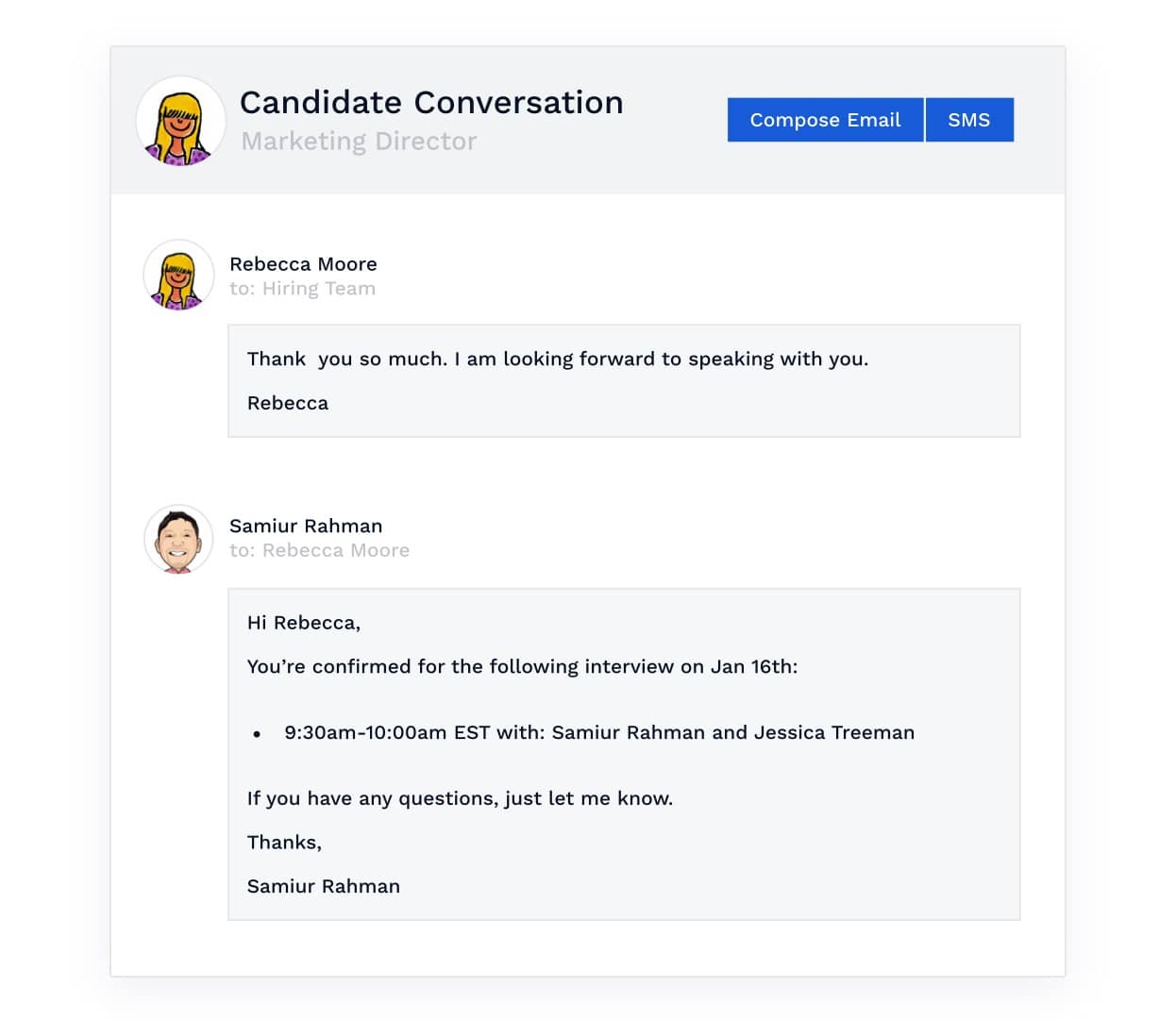 Visual of a candidate conversation with Breezy HR