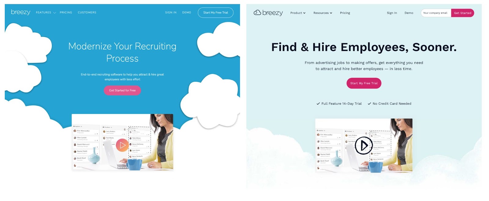 Breezy HR site comparison showing the new font and color guidelines