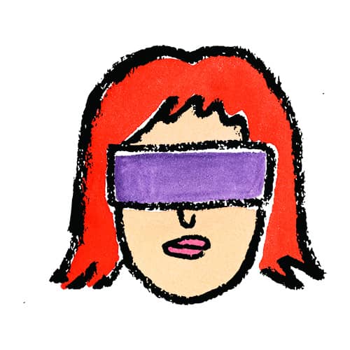 a woman with big purple glasses