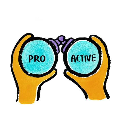 hands holding binoculars with the word proactive inside the lens