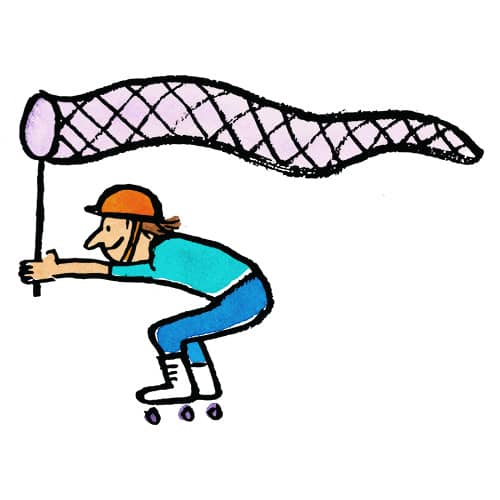 a person skating with a long net flying