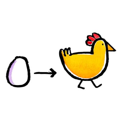 an egg with an arrow pointing to a chicken