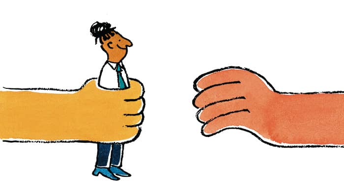 two large hands passing a person to each other