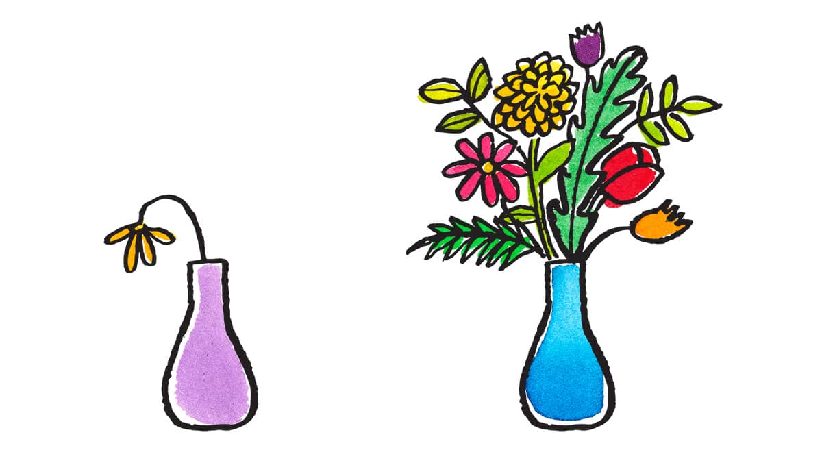 purple vase with one flower that is wilted and a blue vase with a large bouquet of flowers