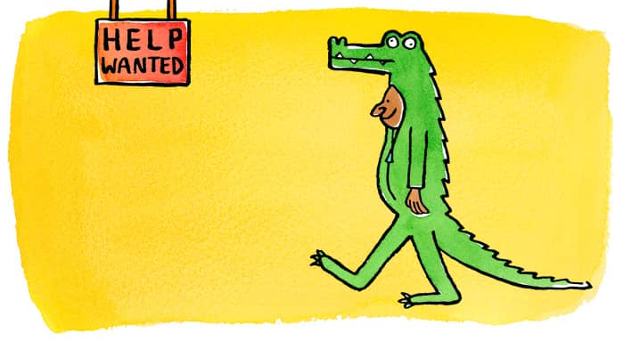 a person is an alligator costume walking towards a help wanted sign