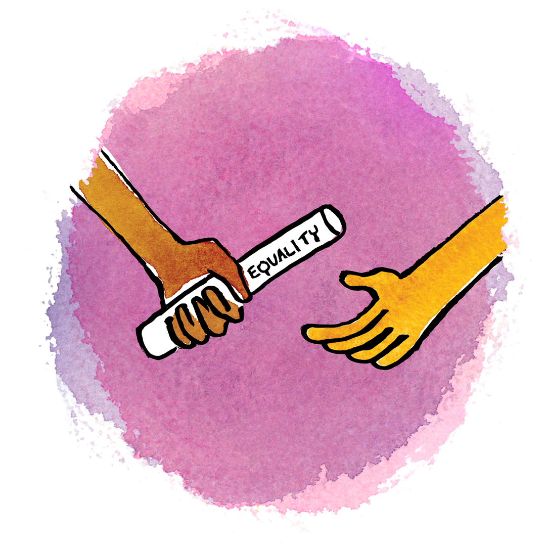 Passing of a baton with the word Equality on it