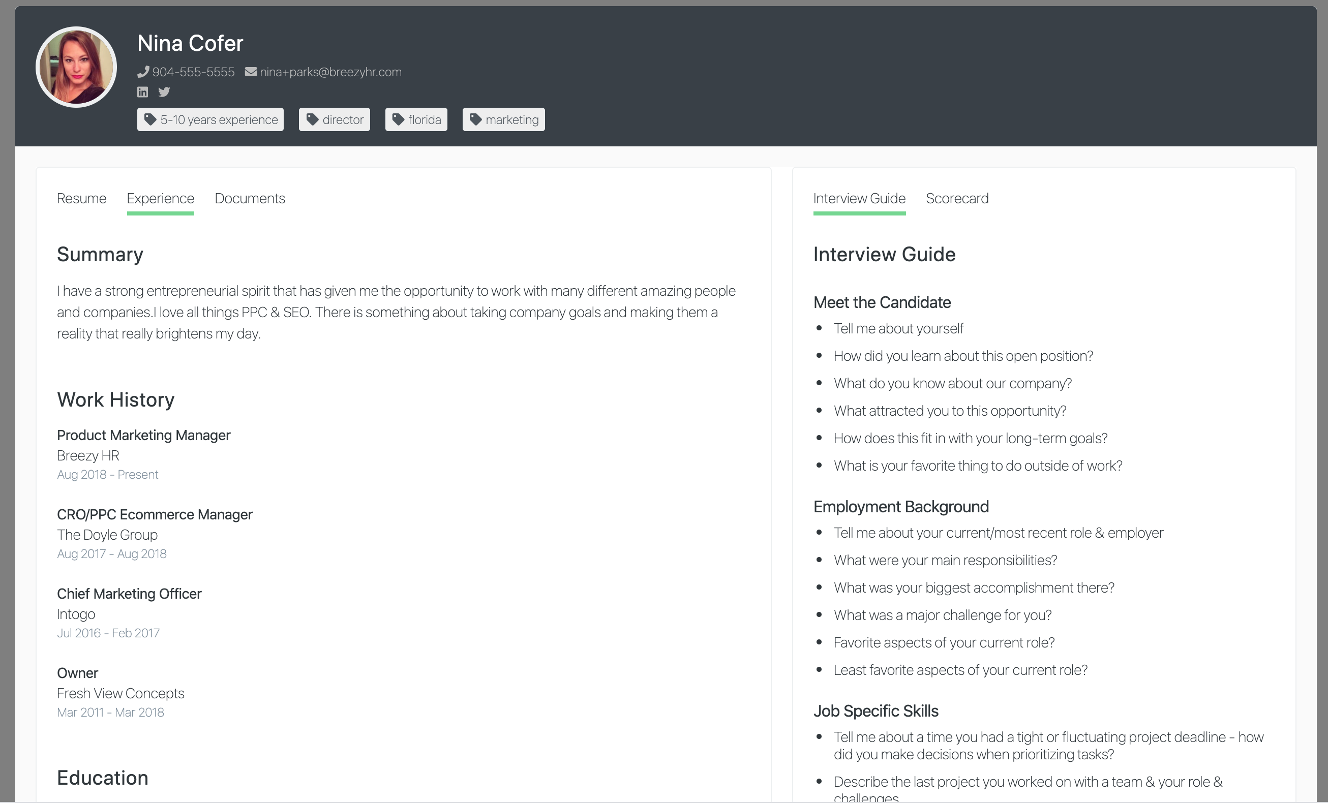 Interview guide in a candidate's profile