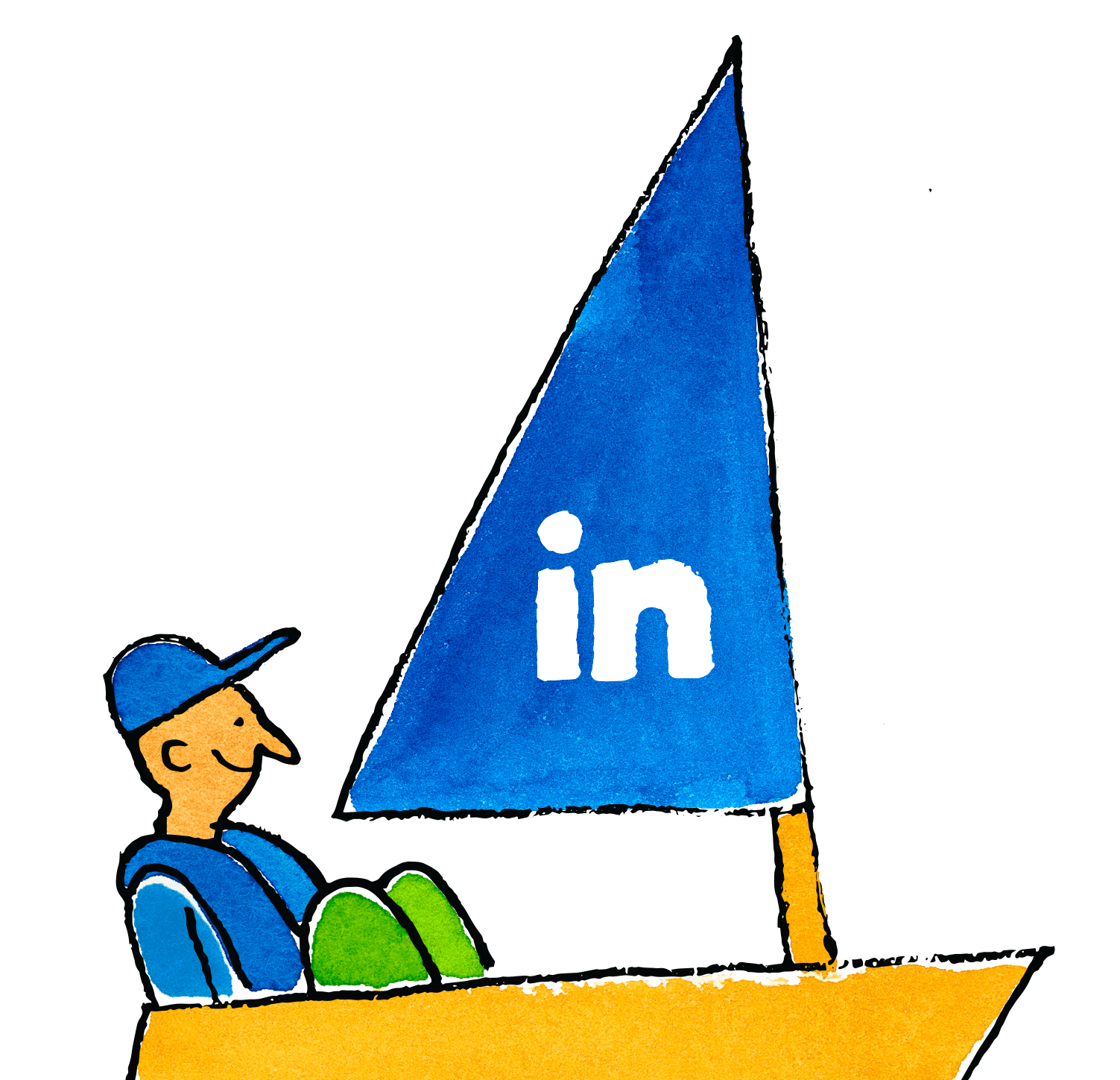 a person sitting in a sail boat with the linkedin logo on the sail.